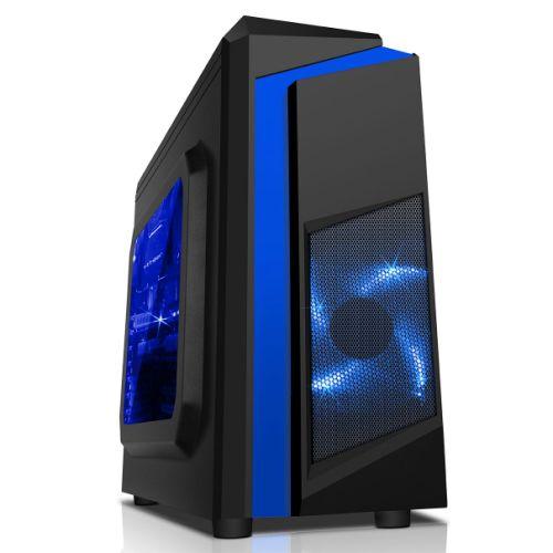 Spire F3 Micro ATX Gaming Case w/ Windows, Blue LED Fan, Black with Blue Stripe, Card Reader