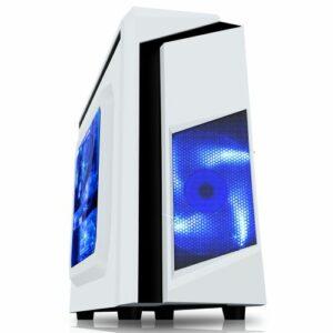 Spire F3 Micro ATX Gaming Case w/ Windows, No PSU, Blue LED Fan, White with Black Stripe, Card Reader