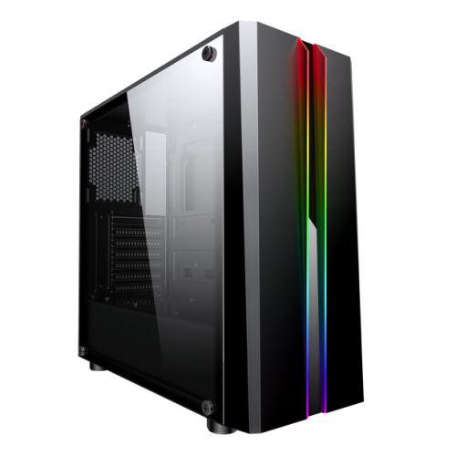 Spire Zoom ATX Gaming Case w/ Tempered Glass Window, No PSU, Rainbow RGB Front Strips with Control Button