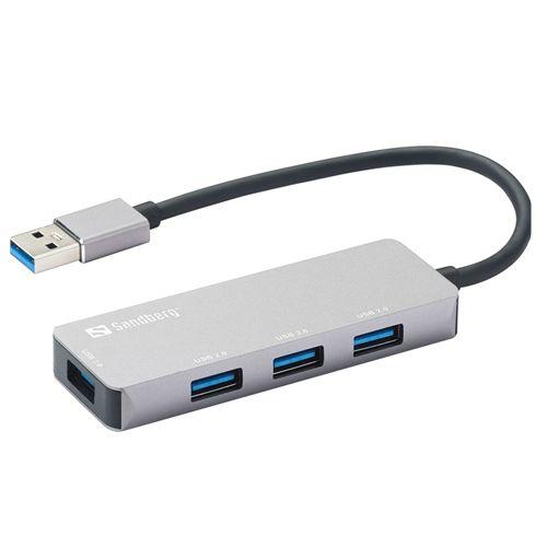 Sandberg External 4-Port USB-A Pocket Hub – USB-A Male, 1 x USB 3.0, 3 x USB 2.0, Aluminium, USB Powered, 5 Year Warranty