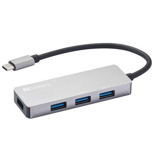Sandberg External 4-Port USB-A Hub – USB-C Male, 1x USB 3.0, 3x USB 2.0, Aluminium, USB Powered, 5 Year Warranty