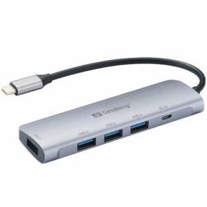 Sandberg External 4-Port USB-A Hub – USB-C Male, 4x USB 3.0 Gen1 Type-A, Aluminium, USB Powered, 5 Year Warranty