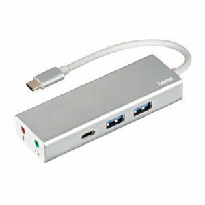 Hama External Aluminium USB-A & USB-C Hub with Audio – 2x USB-A, 1x USB-C, Mic/Audio 3.5mm Jacks, USB Powered