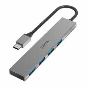 Hama External 4-Port USB-A Hub – USB-C Male, 4x USB 3.2 Gen1 Type-A, Aluminium, USB Powered, Ultra-Slim