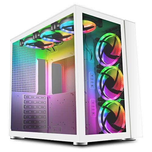 GameMax Infinity Gaming Case w/ Glass Side & Front, ATX, Dual Chamber, 6x Dual-Ring ARGB Fans inc., RF Remote Control, USB-C, Full White