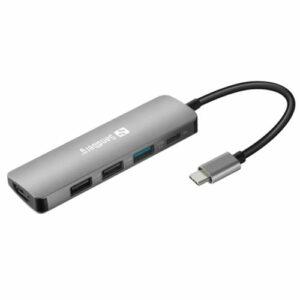 Sandberg (136-32) USB-C 5-in-1 Docking Station – USB-C (up to 100W), HDMI, VGA, 1 x USB 3.0, 2 x USB 2.0, Aluminium, 5 Year Warranty