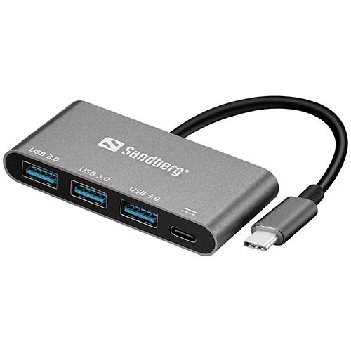 Sandberg External 4-Port USB Hub – USB-C Male, 1x USB-C PD, 3x USB 3.0, Aluminium, USB Powered, 5 Year Warranty