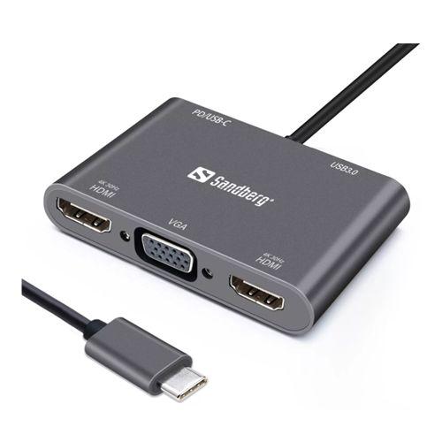 Sandberg (136-35) USB-C 5-in-1 Docking Station – USB-C (up to 100W), 2 x HDMI, VGA, USB-A, Aluminium, 5 Year Warranty