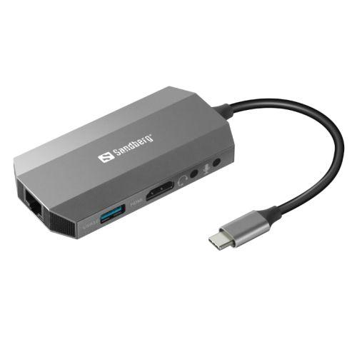 Sandberg (136-33) USB-C 6-in-1 Travel Dock – USB-C (up to 100W), HDMI, 2x USB 3.0, RJ45, Headphone, Microphone, SD/Micro SD/TF Card, Aluminium, 5 Year Warranty
