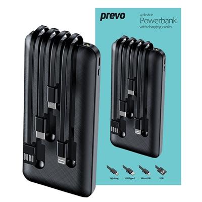 Prevo SP2010 Power Bank,10000mAh Portable Charging for Smart Phones, Tablets and Other Devices, Charge 4 Devices with Prefitted Lightning, USB Type-C, Micro-USB & USB Cables, LED Torch, Black
