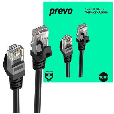 Prevo CAT6-BLK-10M Network Cable, RJ45 (M) to RJ45 (M), CAT6, 10m, Black, Oxygen Free Copper Core, Sturdy PVC Outer Sleeve & Clip Protector, Retail Box Packaging