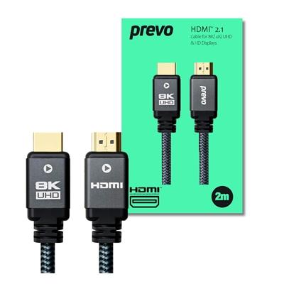 Prevo HDMI-2.1-2M HDMI Cable, HDMI 2.1 (M) to HDMI 2.1 (M), 2m, Black & Grey, Supports Displays up to 8K@60Hz, 99.9% Oxygen-Free Copper with Gold-Plated Connectors, Superior Design & Performance, Retail Box Packaging