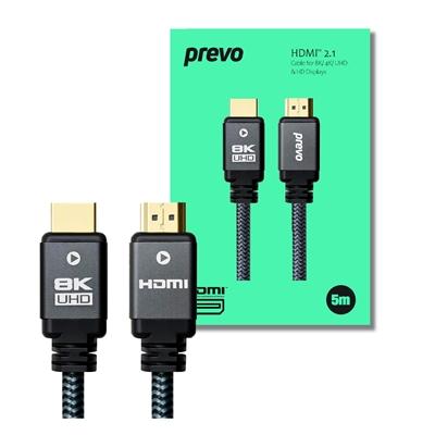 Prevo HDMI-2.1-5M HDMI Cable, HDMI 2.1 (M) to HDMI 2.1 (M), 5m, Black & Grey, Supports Displays up to 8K@60Hz, 99.9% Oxygen-Free Copper with Gold-Plated Connectors, Superior Design & Performance, Retail Box Packaging