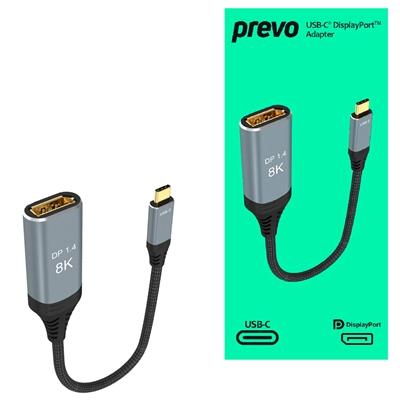 Prevo USBC-DP-ADA Display Converter Adapter, USB Type-C (M) to DisplayPort (F), 0.2m, Black & Silver, DisplayPort 1.4, Supports up to 8K@30Hz, Braided Cable, Retail Box Packaging