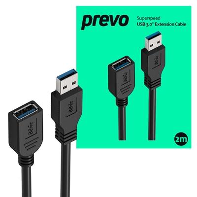 Prevo USBM-USBF-2M USB Extension Cable, USB 3.0 Type-A (M) to USB Type-A (F), 2m, Black, Up to 5Gbps Transmission Rate, Retail Box Packaging