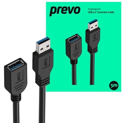 Prevo USBM-USBF-5M USB 3.0 Extension Cable, USB 3.0 Type-A (M) to USB Type-A (F), 5m, Black, Up to 5Gbps Transmission Rate, Retail Box Packaging