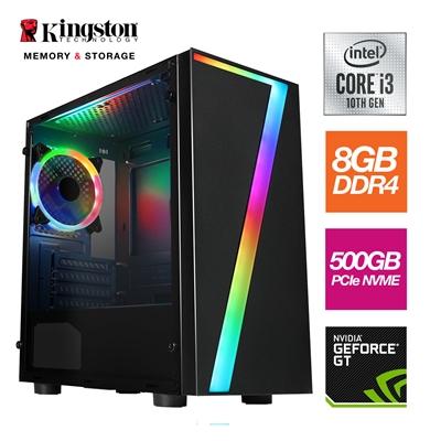 Intel i3 10100 Quad Core, 8 Threads, 3.60GHz (4.30GHz Boost) CPU, 8GB DDR4 RAM, 500GB NVMe, GT1030 Graphics Card – RGB Gaming Build with Free Keyboard and Mouse – Pre-Built PC