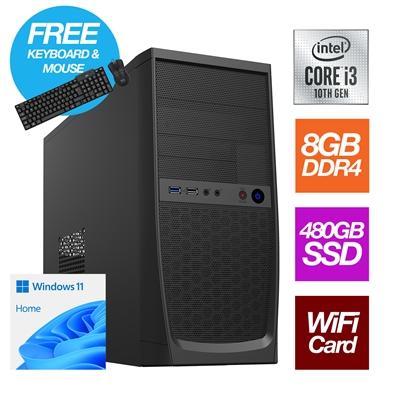 Intel i3 10100 Quad Core, 8 Threads, 3.60GHz (4.30GHz Boost) CPU, 8GB DDR4 RAM, 480GB SSD, Wi-Fi Card Fitted. Windows 11 Home Installed. Home & Office with Free Keyboard and Mouse – Pre-Built PC