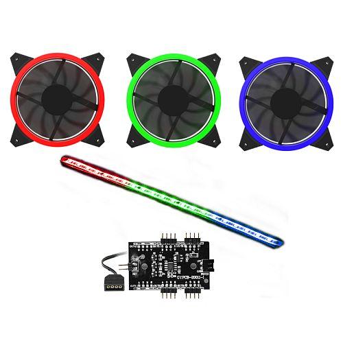 GameMax RGB Kit – 3x 12cm Single Colour LED Velocity Fans, 300mm Viper Single Colour LED Strip, RGB Lighting Hub, Brown Box