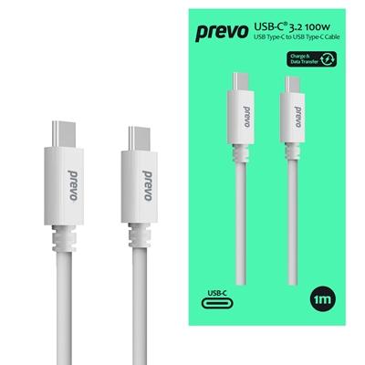 Prevo USB 3.2 100W C to C cable, 20V/5A, 10GB/20GB/s, White, Superior Design & Performance, Retail Box Packaging