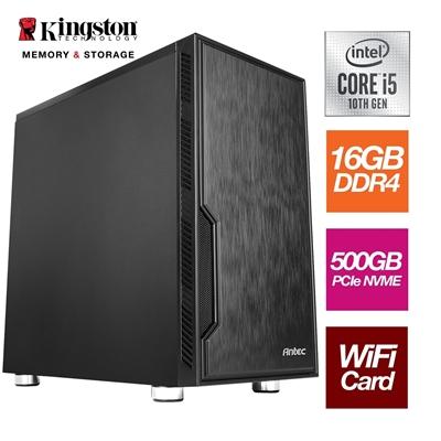 Intel i5-10400 6 Core 12 Threads 2.90GHz (4.30GHz Boost) CPU, 16GB Kingston DDR4 RAM, 500GB Kingston NVMe M.2, Antec VSK Chassis, Wi-Fi 6 + Bluetooth, FREE Keyboard & Mouse – Pre-Built PC