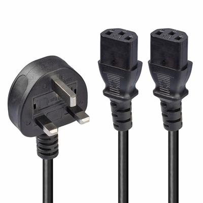 LINDY 30371 2.5m UK 3 Pin Plug to 2 x IEC C13 Splitter Extension Cable, Black, Fully moulded, fused at 13A, 10 year warranty