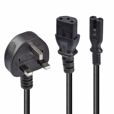LINDY 30426 2.5m UK 3 Pin Plug to IEC C13 & IEC C7 Splitter Extension Cable, Black