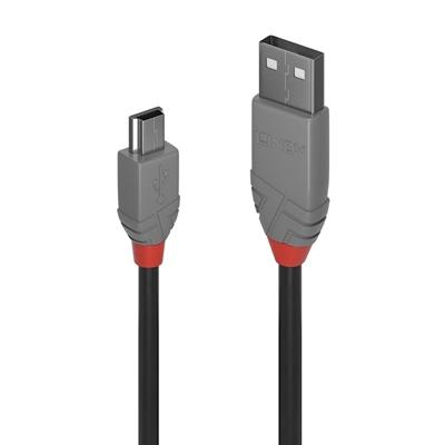 LINDY 36725 5m USB 2.0 Type A to Mini-B Cable, Anthra Line, Double shielded cable, corrosion resistant tinned copper conductors, USB 2.0, 480Mbps; 10 year warranty