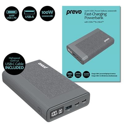 Prevo AD10C 100W USB-C Power Delivery PD 20000mAh Portable Fast-Charging Powerbank with Digital Display, Dual USB-C & USB-A with 100W USB-C Cable Included for Laptops, Ultrabooks, Chromebooks, Smartphones & Tablets