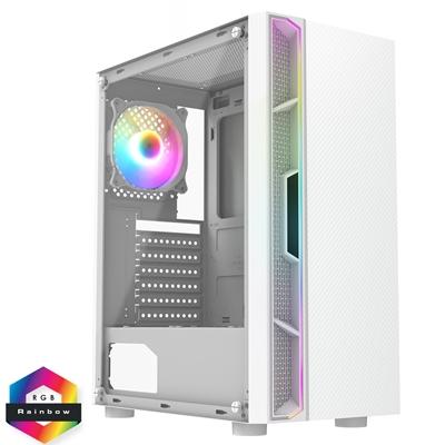 CIT Galaxy White Mid-Tower PC Gaming Case with 1 x LED Strip 1 x 120mm Rainbow RGB Fan Included Tempered Glass Side Panel