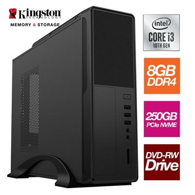 Small Form Factor – Intel i3 10100 4 Core 8 Thread 3.30GHz (4.30GHz Boost), 8GB Kingston RAM, 250GB Kingston NVMe M.2 – DVDRW, Wi-Fi, FREE Keyboard & Mouse – Small Foot Print for Home or Office Use – Pre-Built PC