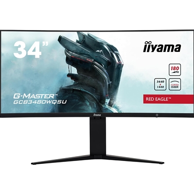 iiyama G-Master GCB3480WQSU-B1 34 Inch Red Eagle Ultra Wide Curved Gaming Monitor, Black, 3440×1440, 0.4ms, 180hz, FreeSync, HDMI, Display Port, USB Hub, Speakers, Int PSU, Height Adjustable, VESA