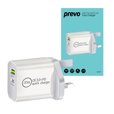 Prevo QC70 20W USB Type-C & USB Type-A Fast Charge Mains Charger with QC 3.0 and 2m USB-C Cable for Laptops, Ultrabooks, Chromebooks, iPads, MacBooks, Smartphones, Tablets, Mobile Devices, Action Cameras, DSLRs