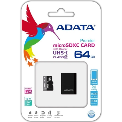 Adata Premier 64GB Micro SDHC UHS-I Class 10 Memory Card with Adaptor