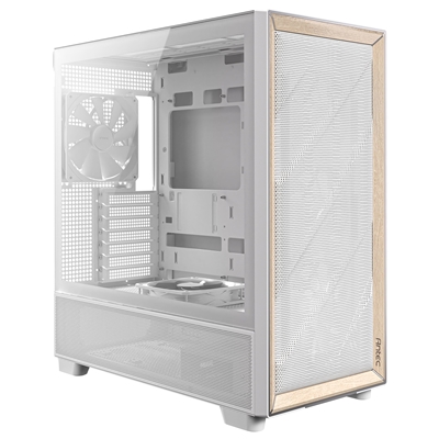 Antec FLUX Mid Tower PC Case – Tempered Glass, White/Wood, 5 PWM Fans, USB-C, E-ATX/ATX/mATX/ITX Compatibility