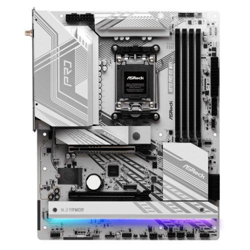 ASRock X870 PRO RS WIFI AMD AM5 Socket Motherboard, ATX, 4x DDR5 Slots, 3x M.2 Sockets, 3x USB-C Port, Fitted I/O Shield, 2.5GbE LAN, Wi-Fi 7, 1x HDMI Port / 2x USB-C (USB4)