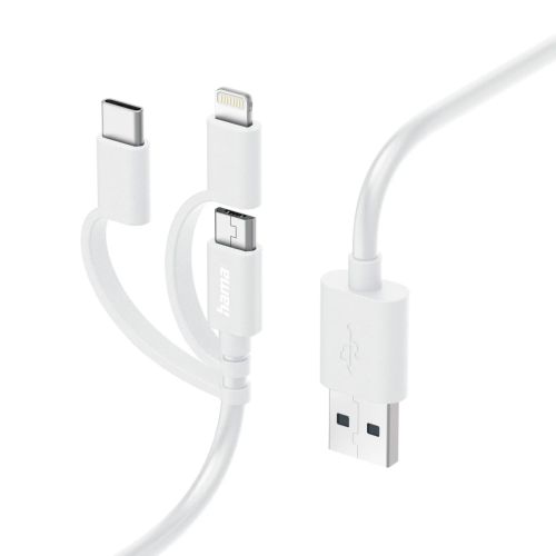 Hama 3-in-1 Multi Charging Cable – USB-A to USB-C/Micro USB/Lightning, Quick Charge, 1 Metre, White