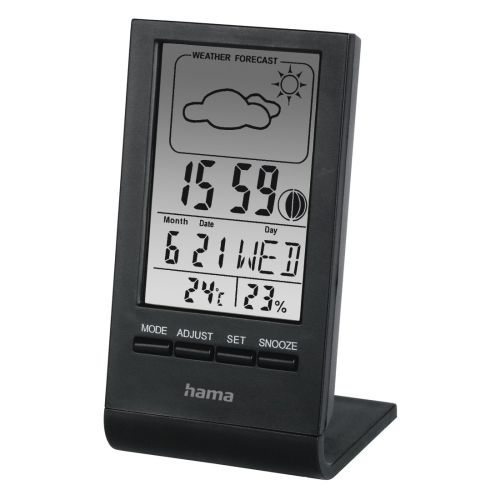 Hama TH-100 LCD Thermo/Hygrometer – Thermometer, Hygrometer, Barometer, Weather Forecast, Moon Phases, Date/Time, Alarm, Black