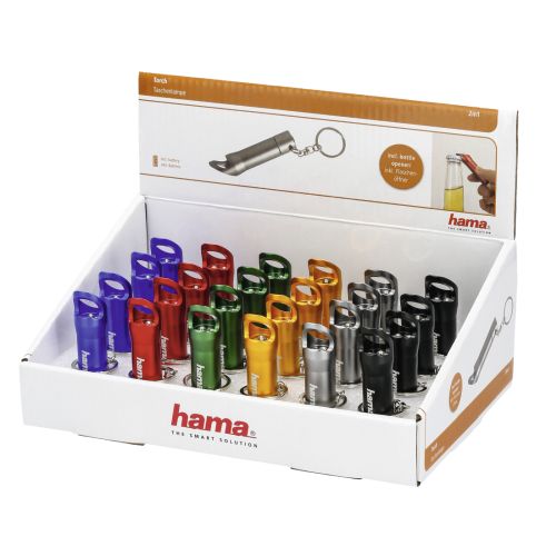 Hama 2-in-1 LED Torch with Bottle Opener x24 Multipack, 4 Lumen, Keyring, Various Colours, Display Case