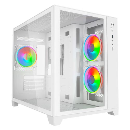 Vida Akira V2 White ARGB Gaming Case w/ Glass Front & Side, Micro ATX, 3x ARGB Fans, 6-Port PWM ARGB Fan Hub & Remote Control