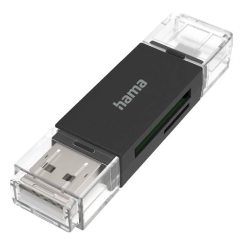 Hama External USB 2.0 OTG Card Reader, USB-A + Micro USB, SD/microSD, Black, USB Powered