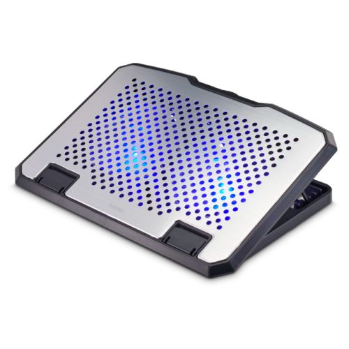 Hama Aluminium Quiet Laptop Cooler, Tiltable, 2 Blue LED Fans, Up to 15.6″ laptops, Black