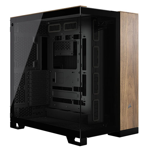 Corsair 6500X Dual Chamber Gaming Case w/ Glass Side & Front, ATX, Mesh Panels, USB-C, Asus BTF Compatible, Black/Walnut Wood