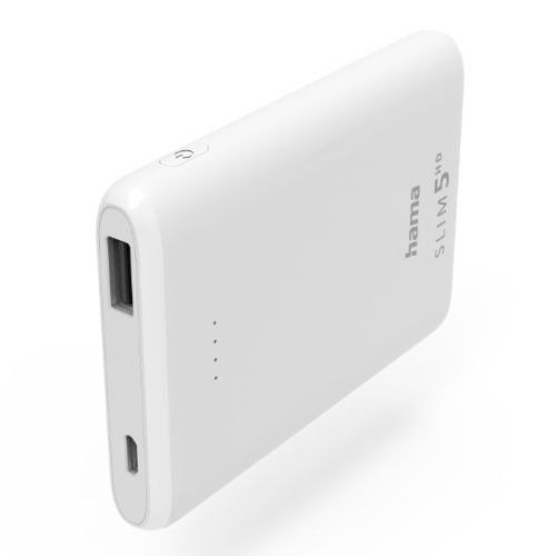 Hama SLIM 5HD 5000mAh Fast Charge Powerbank, 1x USB-A, LED Capacity Indicator, White