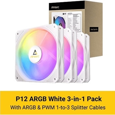 Antec P12R ARGB PWM 120mm Fan 3 Pack – 4-Pin, White, High-Airflow Cooling, 9-Blade Design with Anti-Vibration Pads