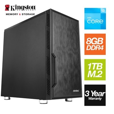 Intel i3 14100 Quad Core 8 Thread 3.50GHz (4.70GHz Boost), 8GB Kingston RAM, 1TB Kingston NVMe M.2, WiFi AC1200, Antec VSK Chassis – Pre-Built PC