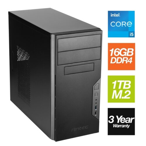 Intel i5 14400 10 Core 16 Thread 3.50GHz (4.70GHz Boost), 16GB Kingston RAM, 1TB Kingston NVMe M.2, Wi-F, DVDRW – Antec VSK Chassis – Pre-Built PC