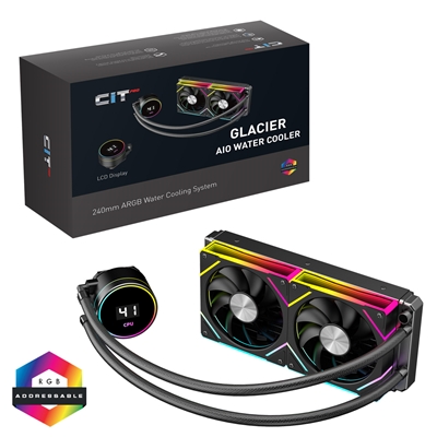 CiT Pro Glacier AIO 240mm Liquid CPU Cooler with ARGB LED Lighting, Dual PWM Fans, and Real-Time Temperature Display – Black