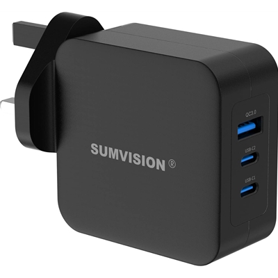 SUMVISION Universal 3 Port USB Black Laptop Wall Charger, 65W, GaN, Multiport USB Connections with Type-C, USB-A QC 3.0 Fast Charge & USB-A, Includes UK Plug, Suitable for USB-C Laptop Charging, UK Design and Free UK Tech Support