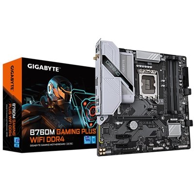 Gigabyte B760M GAMING PLUS WIFI DDR4 Intel 1700 Socket Motherboard, Micro-ATX, 4x DDR4 Slots, 2x M.2 Sockets, 1x USB-C Port, Fitted I/O Shield, GbE LAN, Wi-Fi 6, 1x DisplayPort / 1x HDMI Port